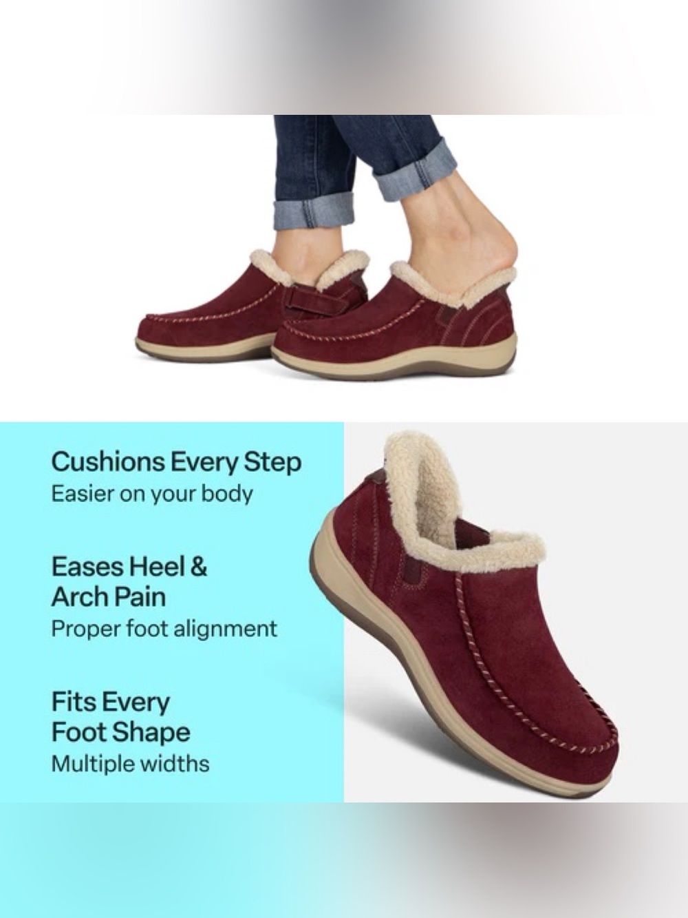 Orthofeet Lorin Hands-free slip on suede shoes 7.5M NEW Bordeaux